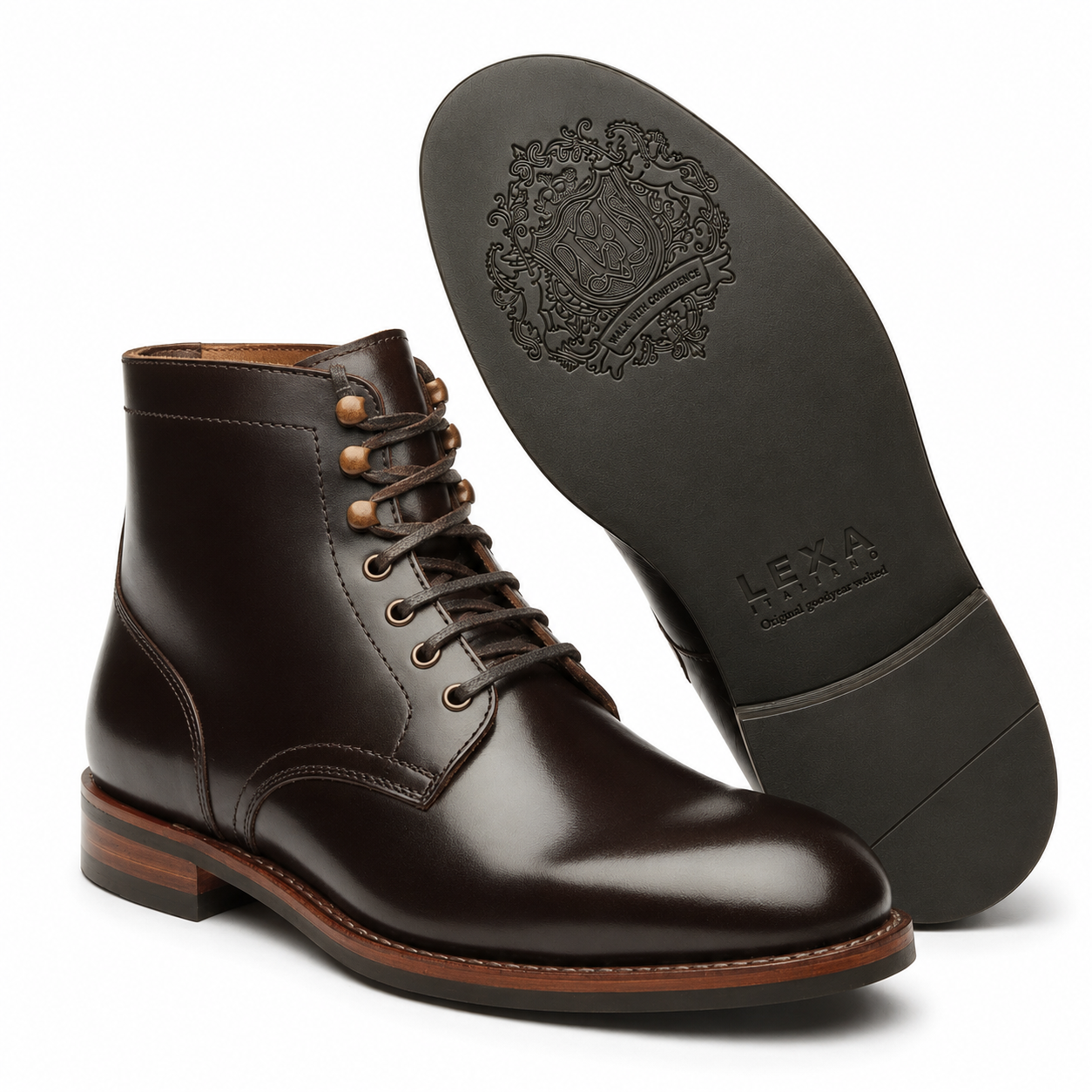 Dark brown leather lace-up boots showing side and sole