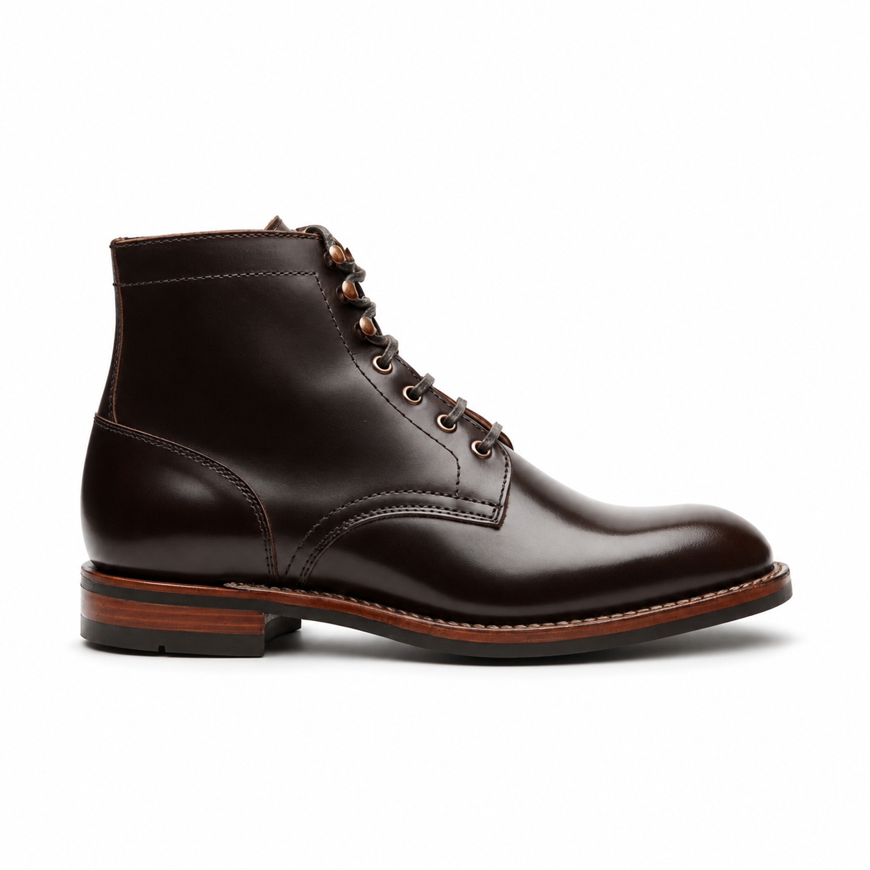 Side profile of dark brown leather ankle boot for men
