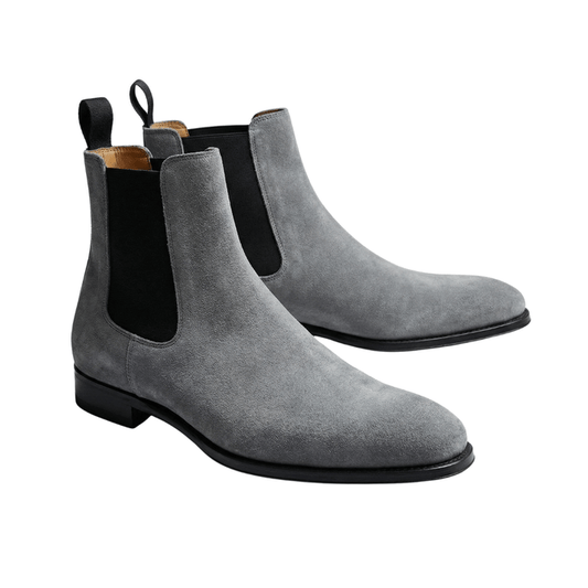 Gray suede Chelsea boots for men with black elastic side panels and sleek formal design