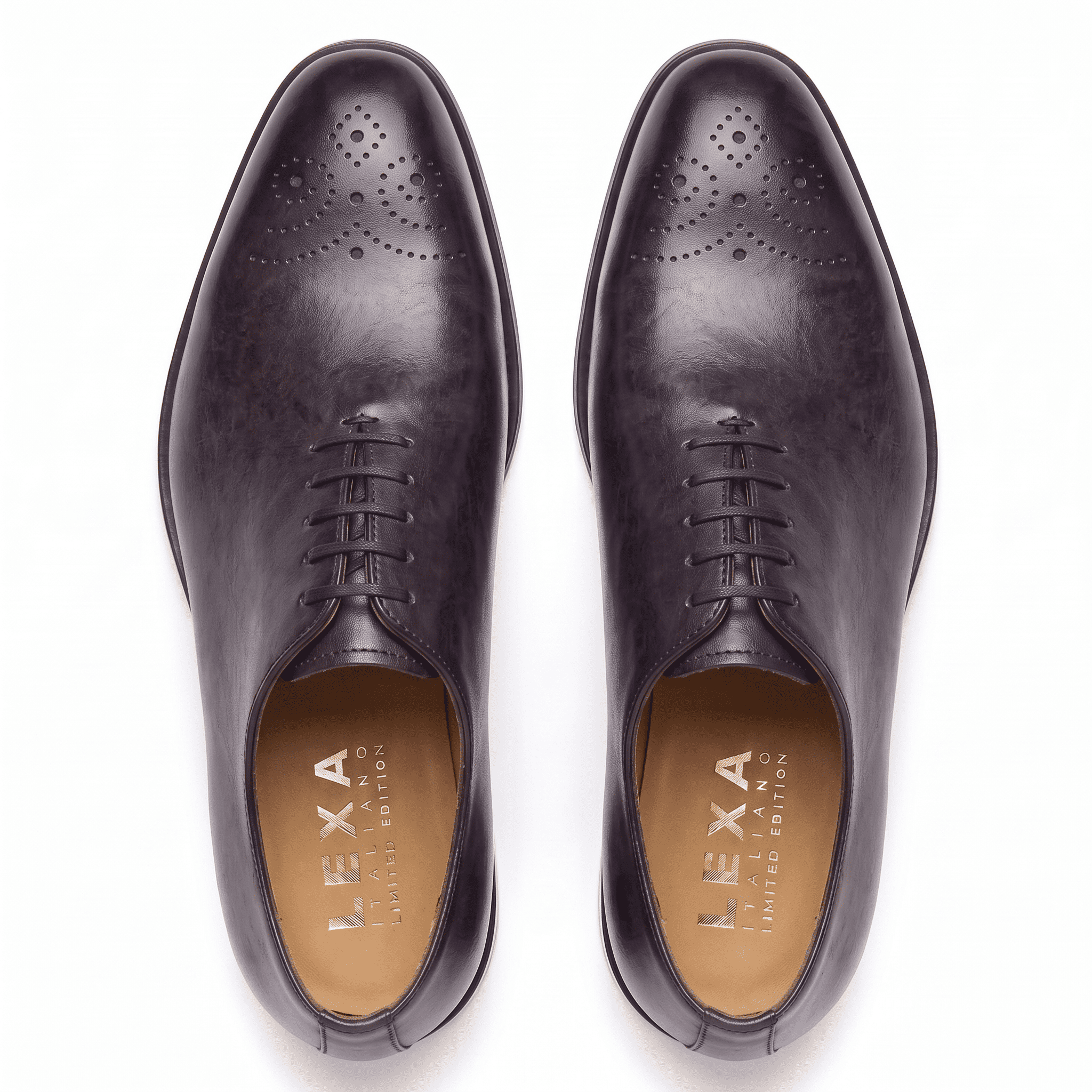 Top view of dark brown leather lace-up dress shoes