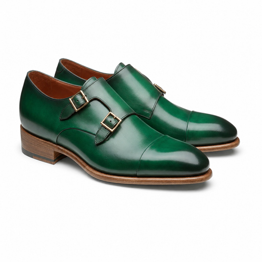 Emerald Green Double Monk Strap Leather Shoes