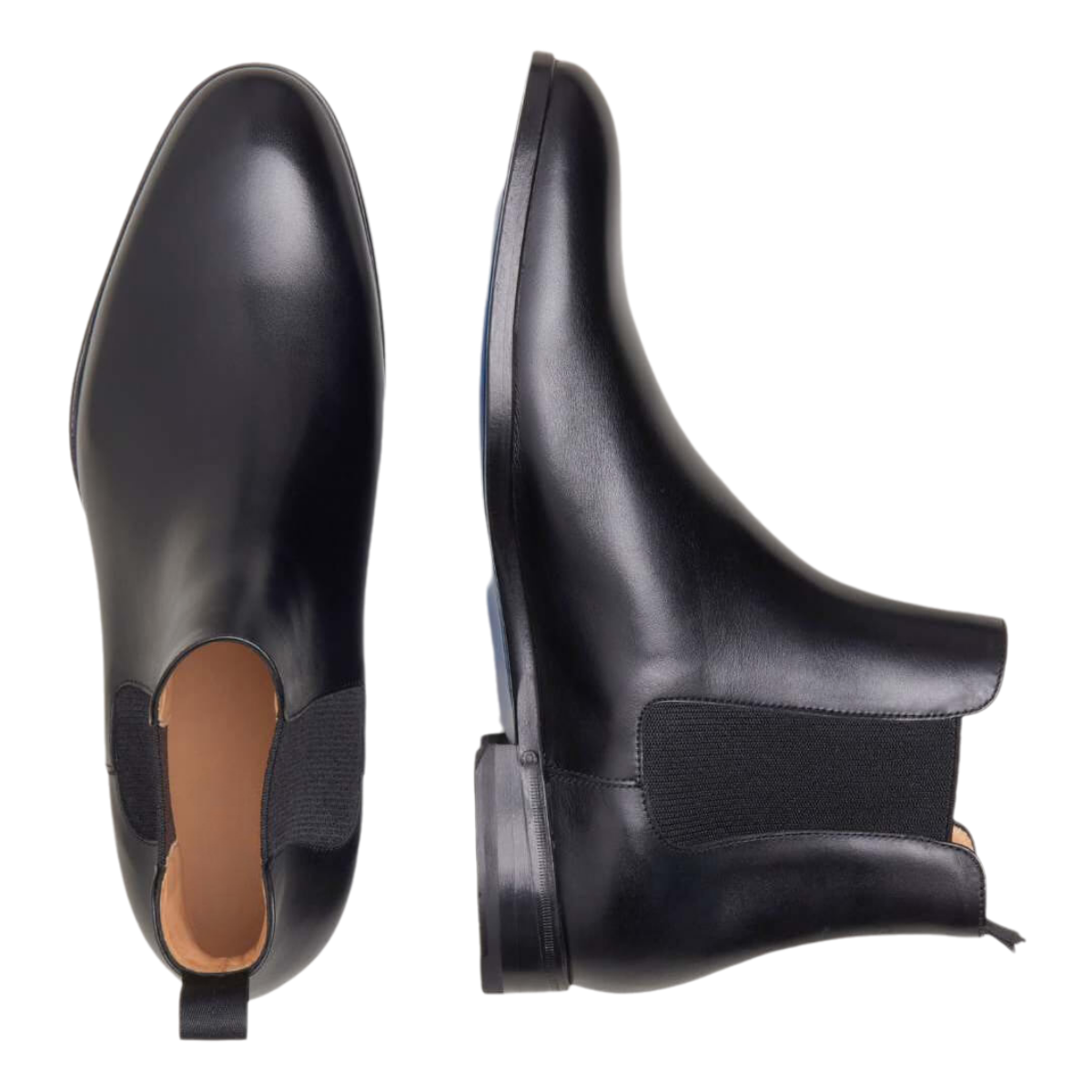 Menβs black leather Chelsea boots with elastic side panels and sleek design