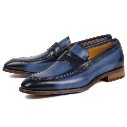 menβs penny loafer shoes in blue leather