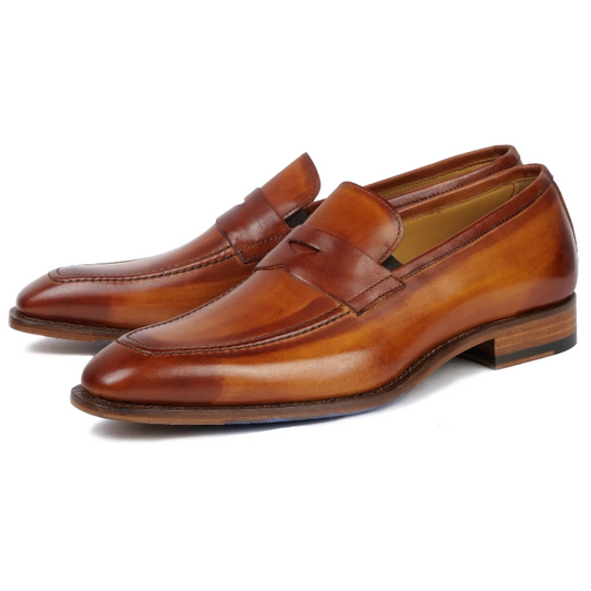 Chestnut patina penny loafers for men handcrafted leather shoes