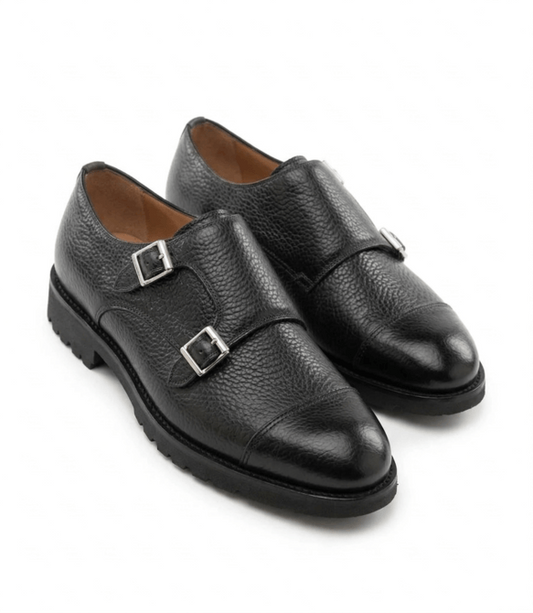 Height Increasing Black Leather Portneuf Chunky Monk Strap Shoes