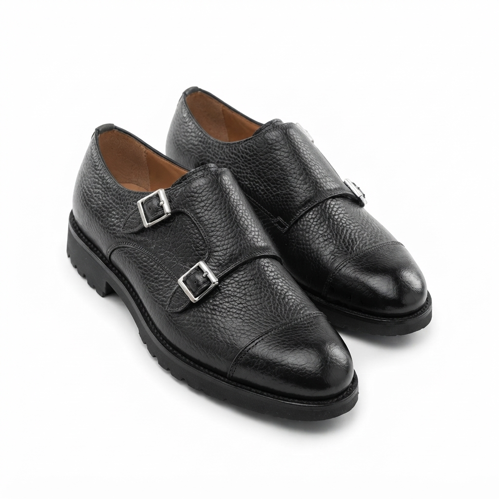 Black leather double monk strap shoes for men
