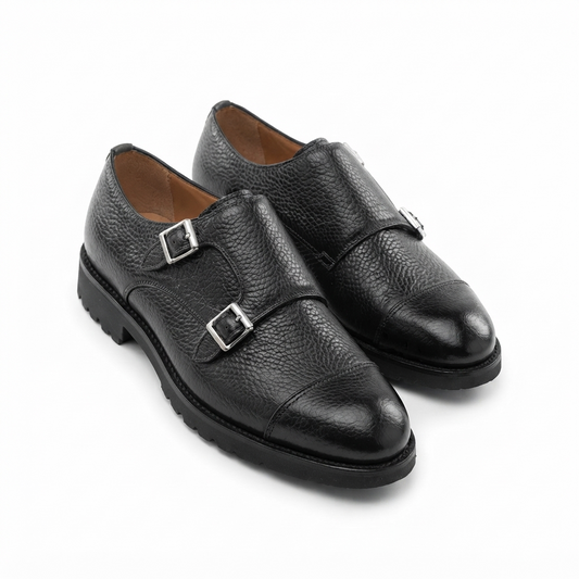 Height Increasing Black Leather Portneuf Chunky Monk Strap Shoes