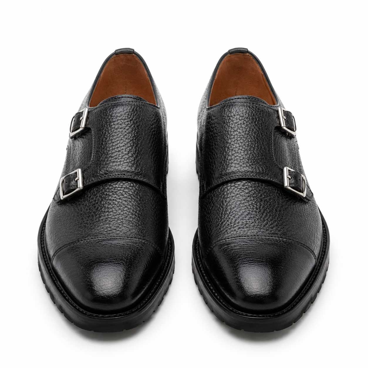 Pair of black leather double monk strap shoes for men