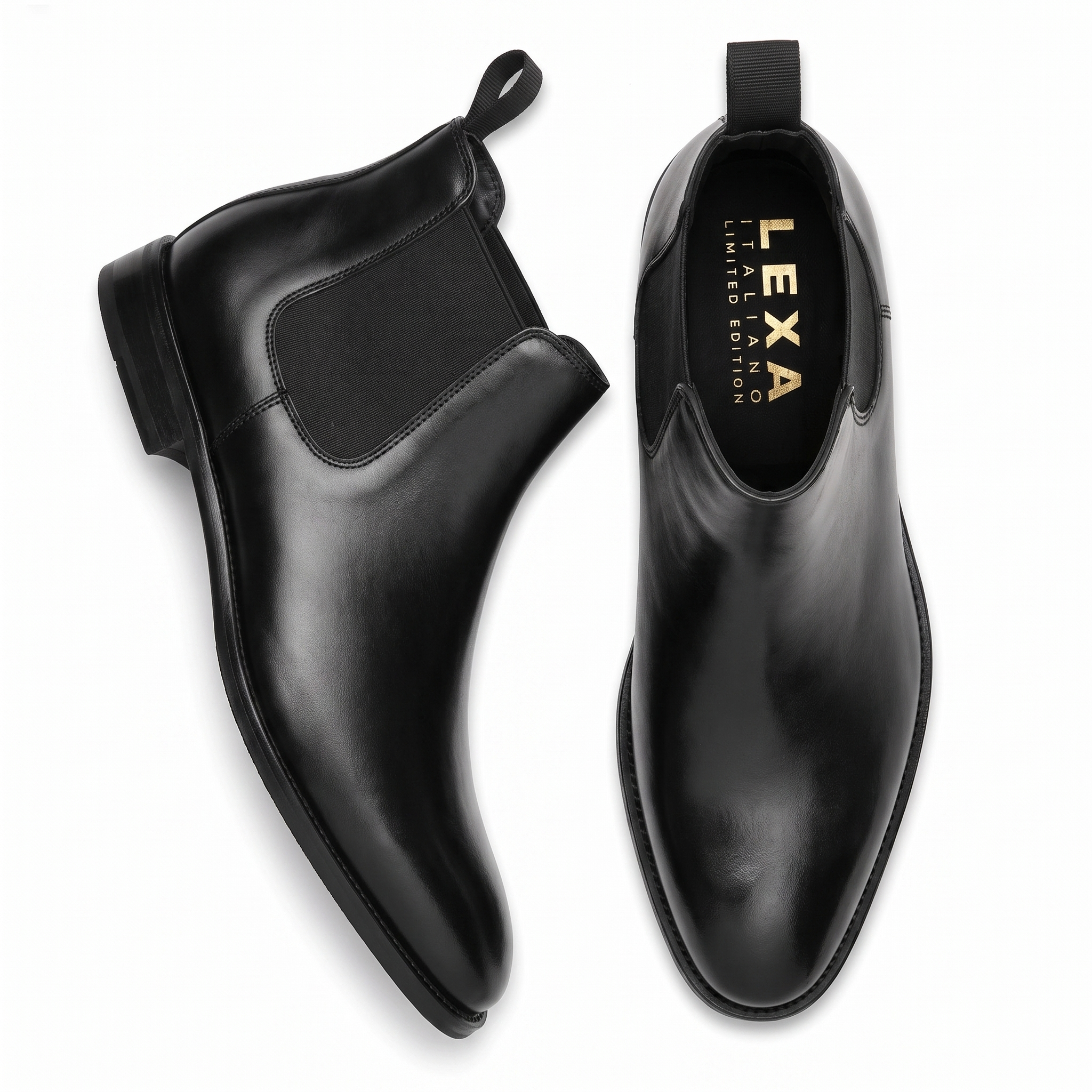 Black leather Chelsea boots pair top and side view