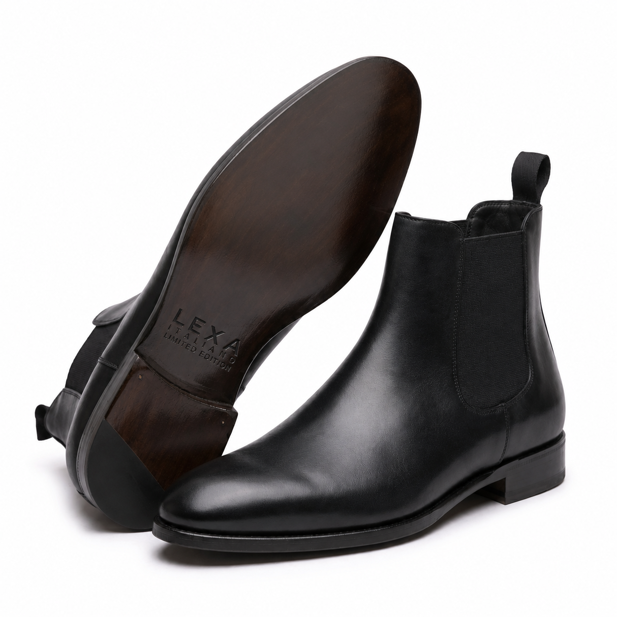 Black leather Chelsea boots sole and side view