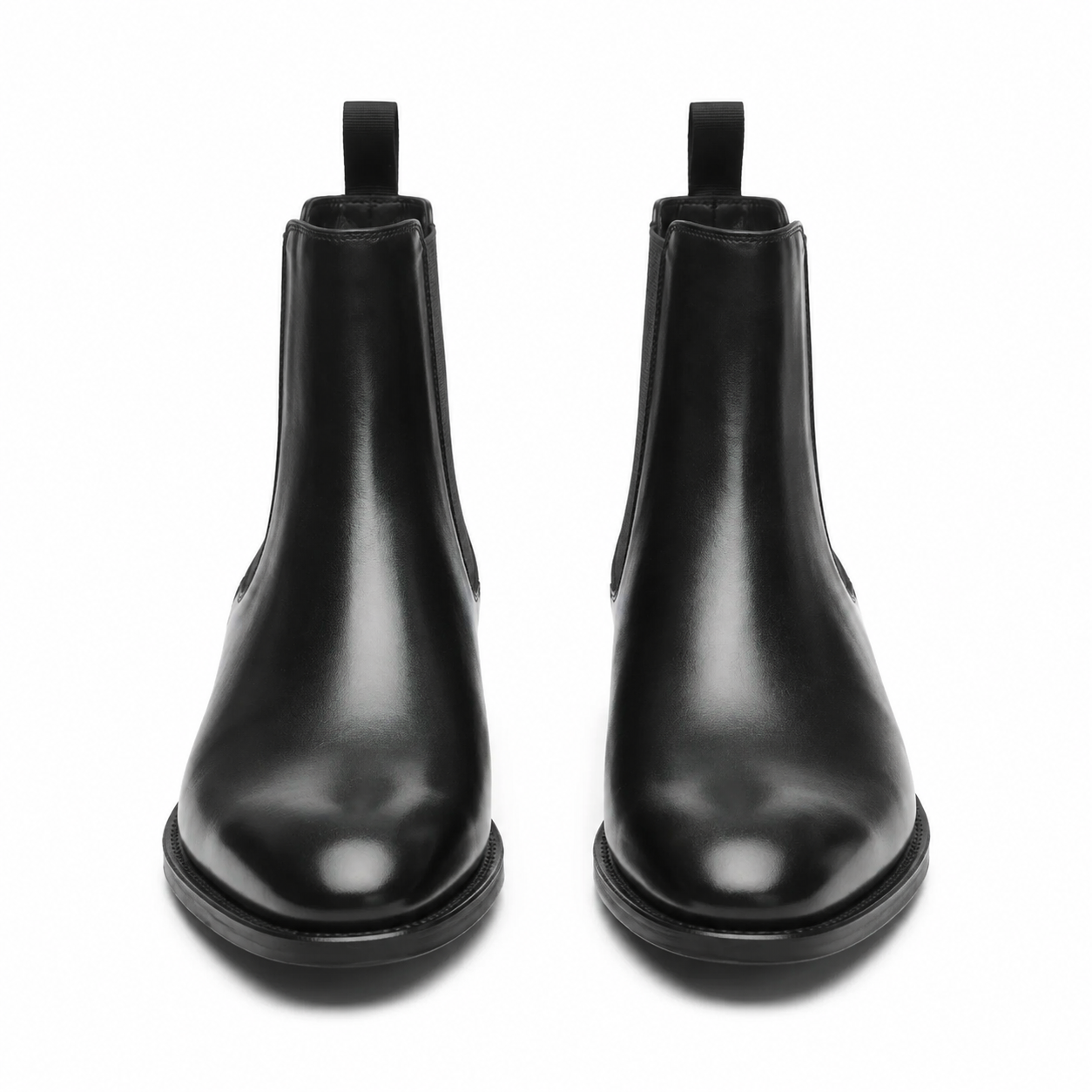 Black leather Chelsea boots front view pair