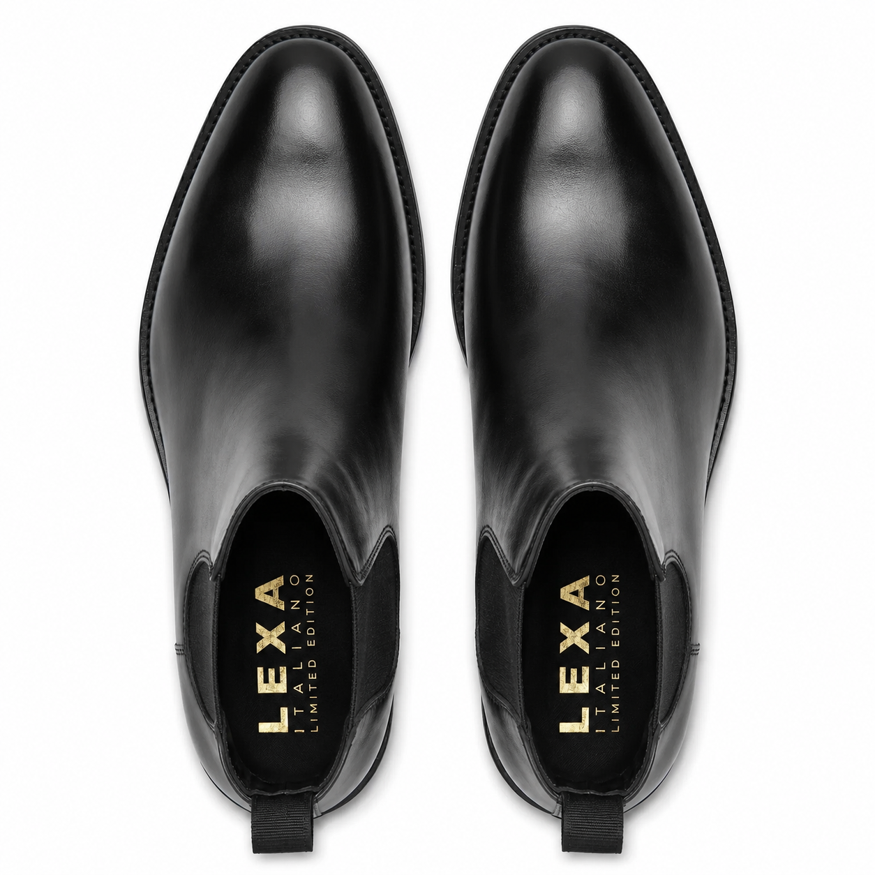 Black leather Chelsea boots top view pair