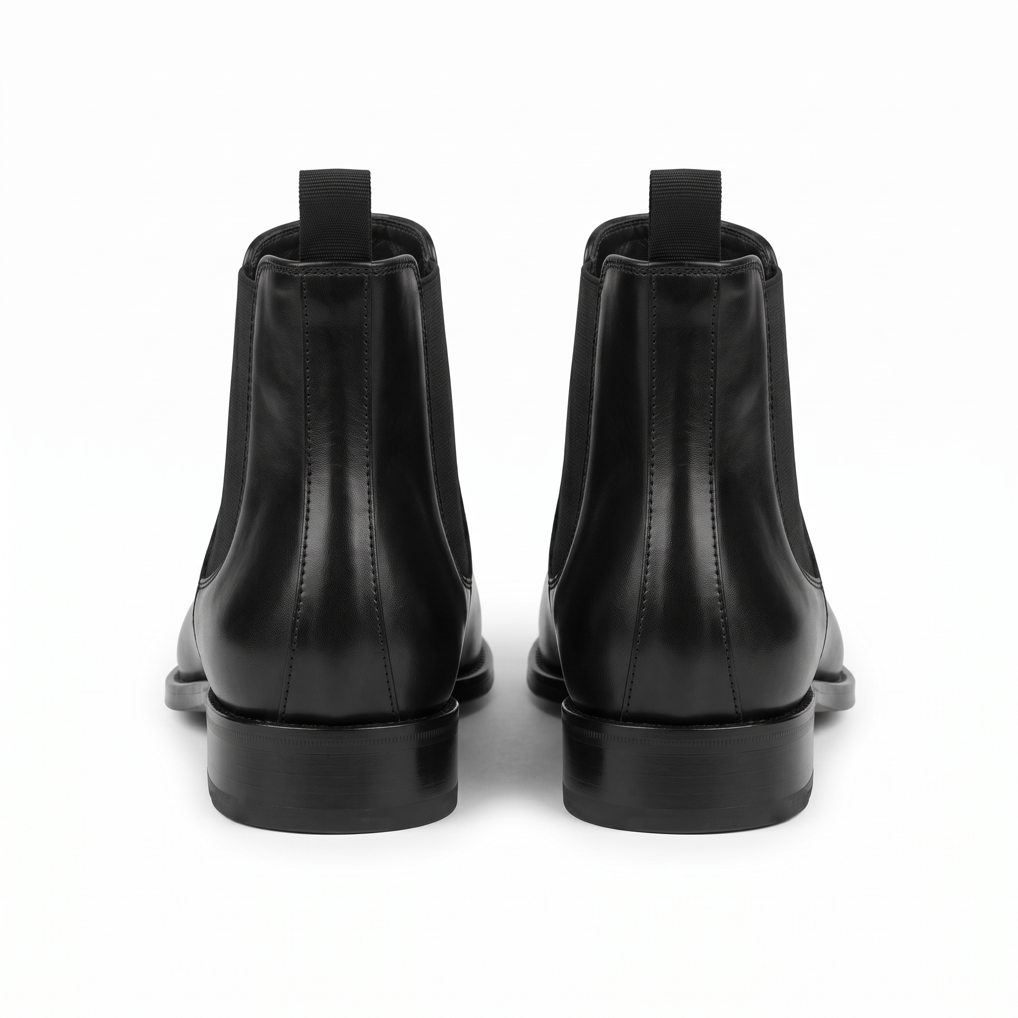 Black leather Chelsea boots back view pair