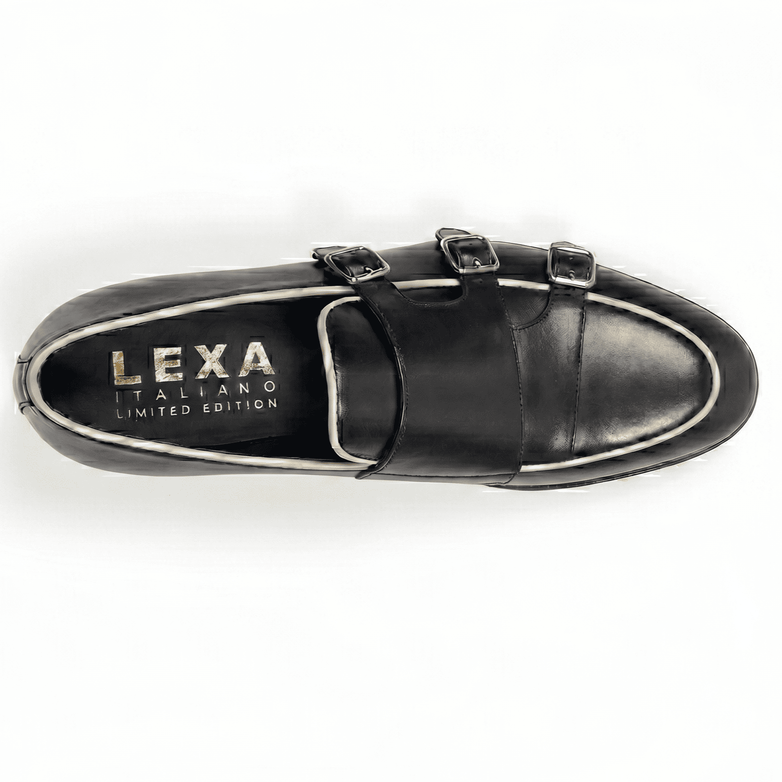 Sole and insole view of black leather monk strap formal shoes