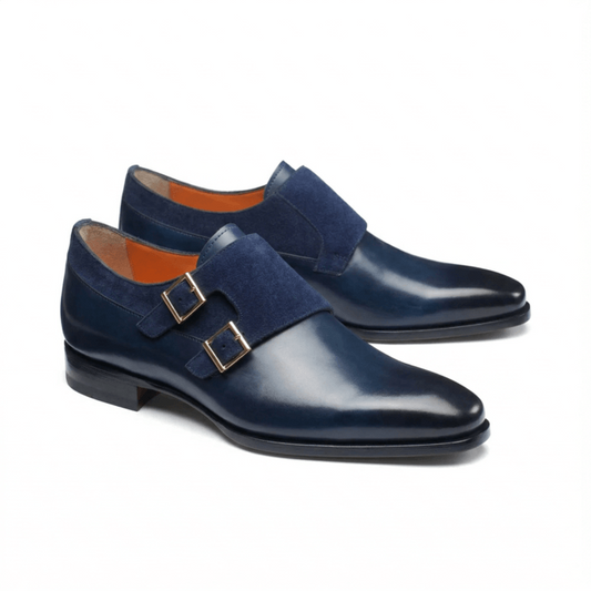 Navy Blue Double Monk Strap Leather Shoes for Men