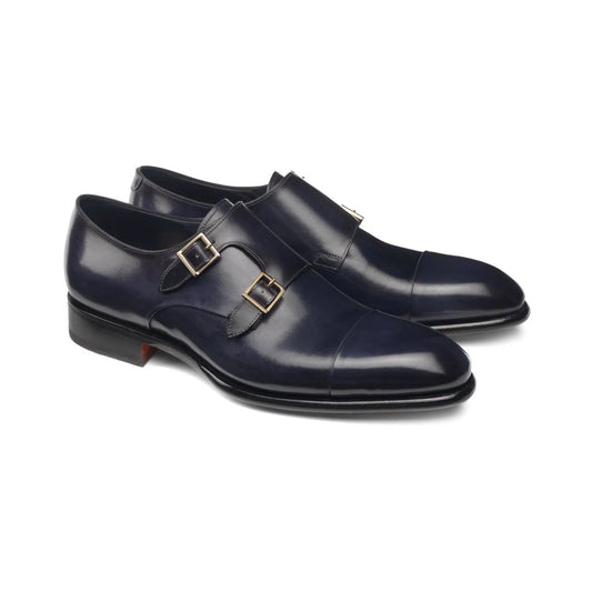 Navy Blue Leather Castle Monk Strap Shoes – Front View