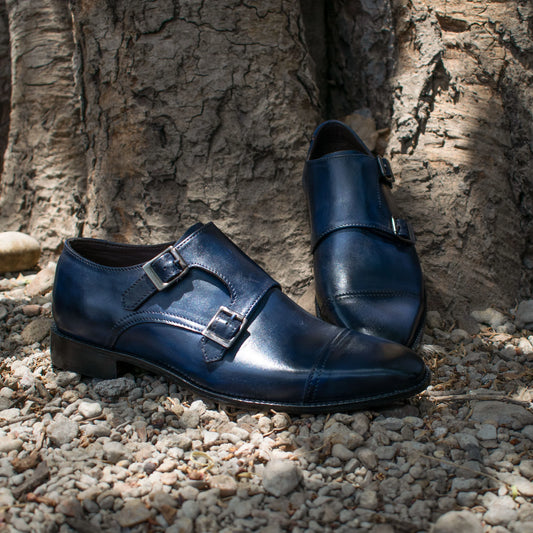 Navy Blue Leather Cheshire Monk Strap Shoes