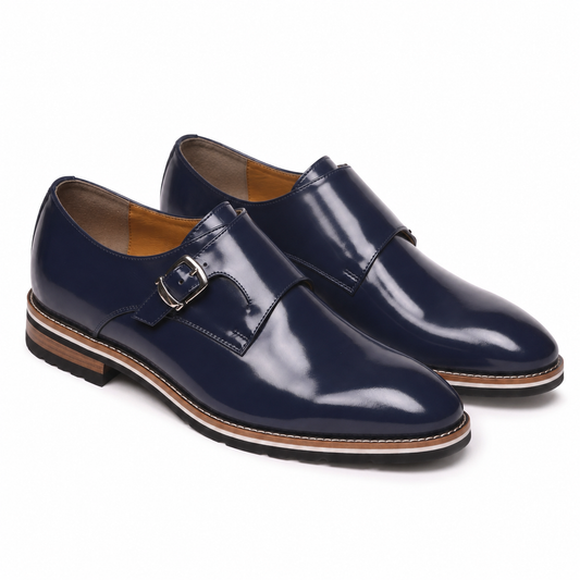 Navy Blue Patent Leather Monk Strap Shoes