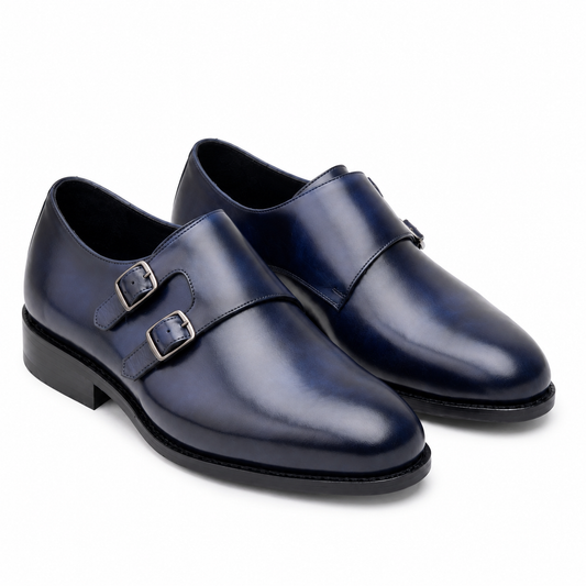 Navy Blue Double Monk Strap Leather Dress Shoes
