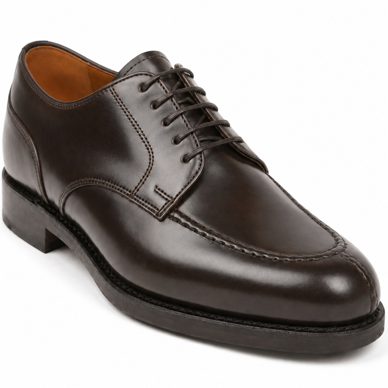 Side view of dark brown leather lace-up Derby dress shoe