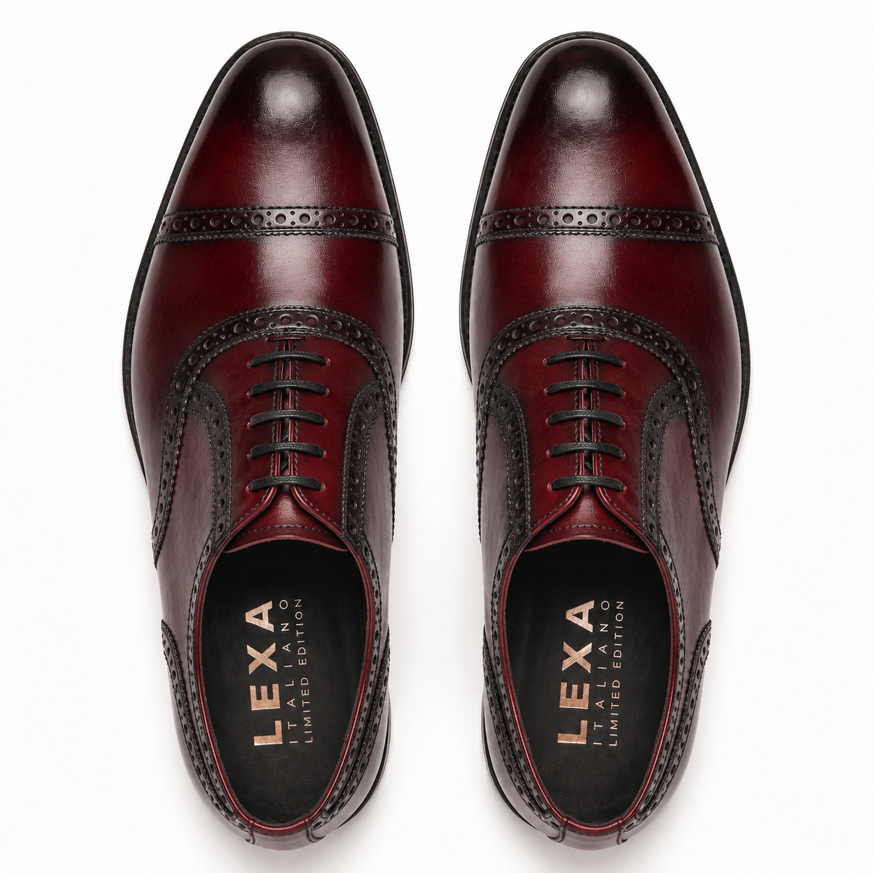 Top view of burgundy leather brogue Oxford shoes for men