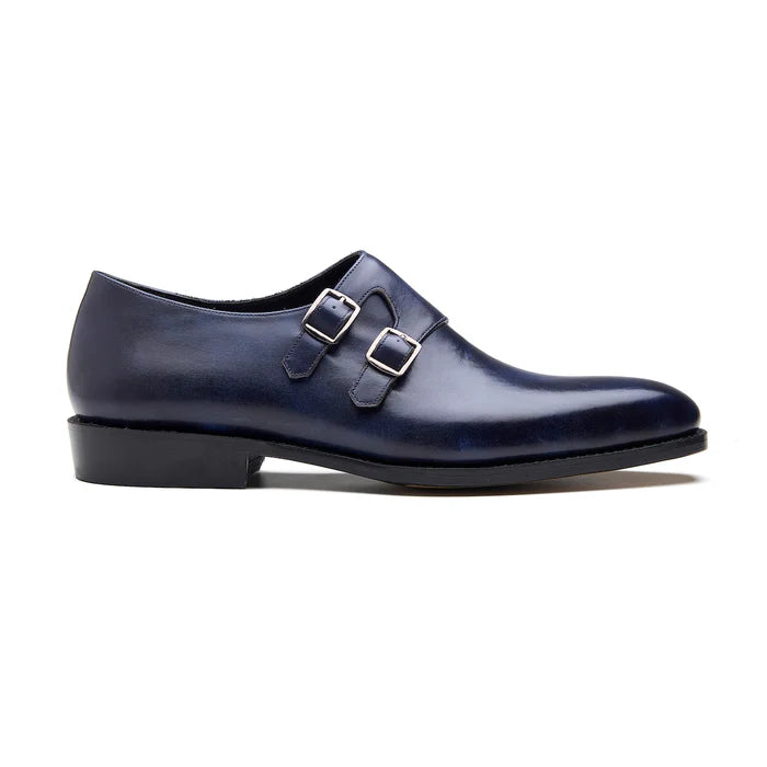 Premium navy museum calf leather double monk shoes –side view