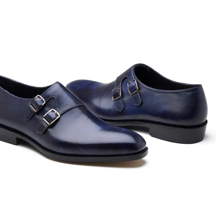 Close-up of Sabre double monk shoes – buckle and stitching detail