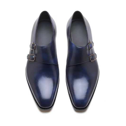 Sabre spiral double monk shoes – front view in navy museum calf leather