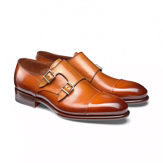 Cognac Brown Double Monk Strap Leather Shoes
