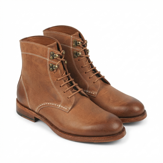 Tan Leather Lace-Up Ankle Boots for Men