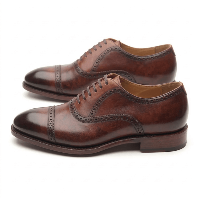 Premium hand-finished brown leather Oxford brogue shoes for men with a burnished cap toe and intricate perforated detailing.