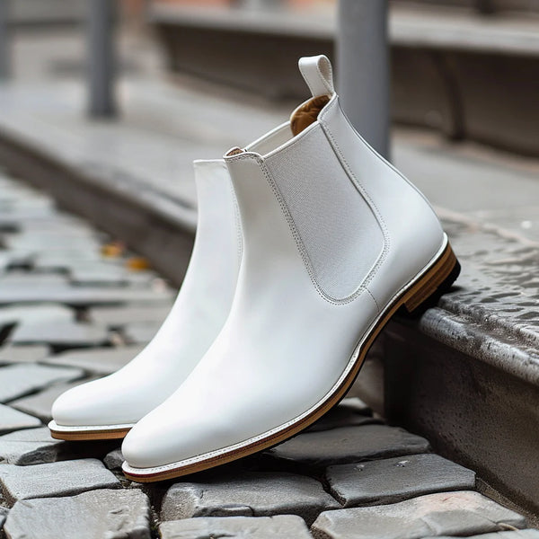 White leather Belgrave slip-on Chelsea boots for men with clean minimalist design