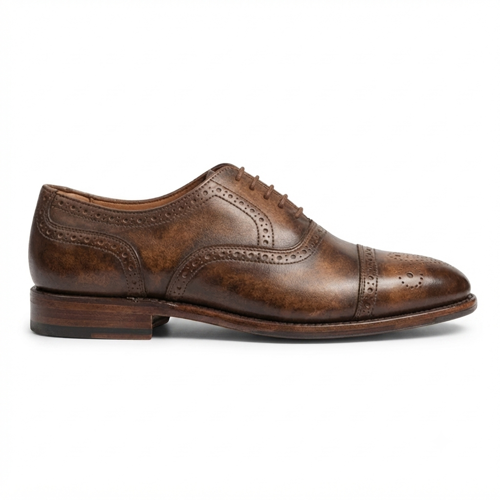 Side profile of brown brogue Derby shoe for men