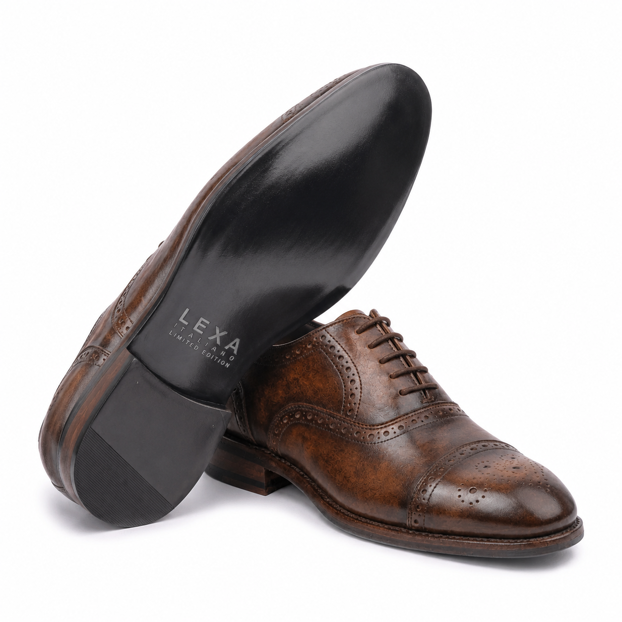 Sole view of premium brown leather brogue Derby shoe