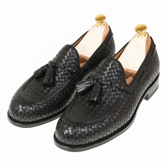 Woven Black Leather Tassel Loafers for Men