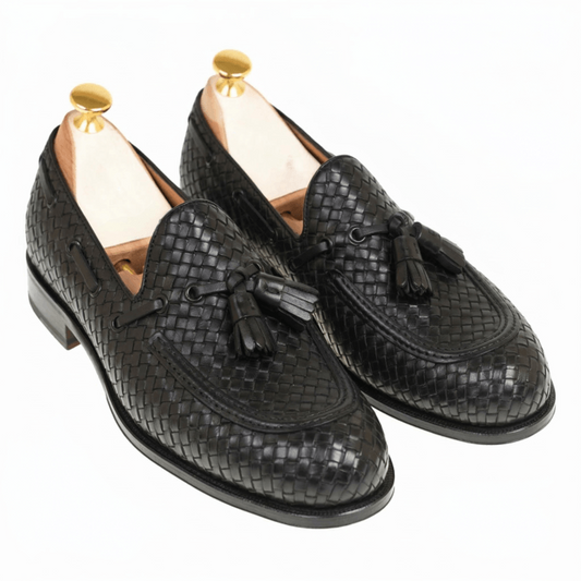 Woven Black Leather Tassel Loafers for Men