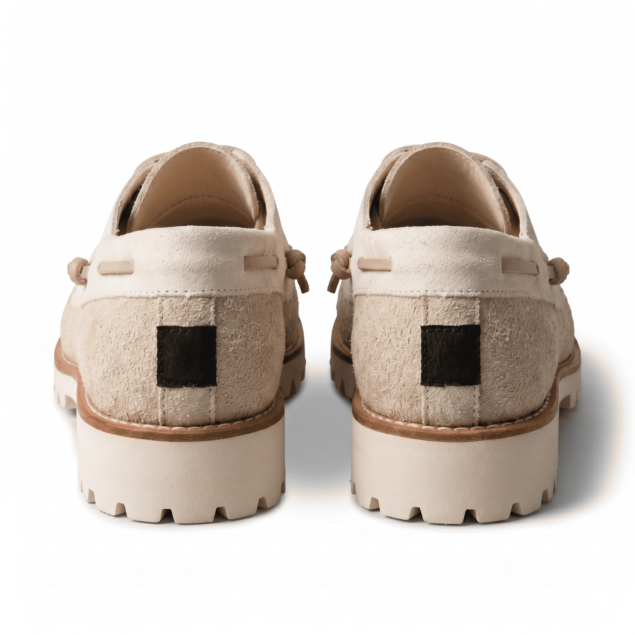 Back view of the shoes showing the leather lace wrap-around detail and the heavy-duty off-white rubber heel.
