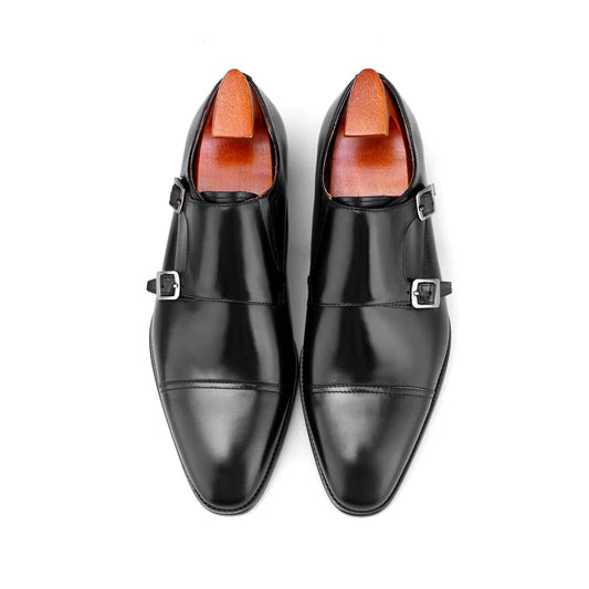 Men’s black double monk strap shoes – front view
