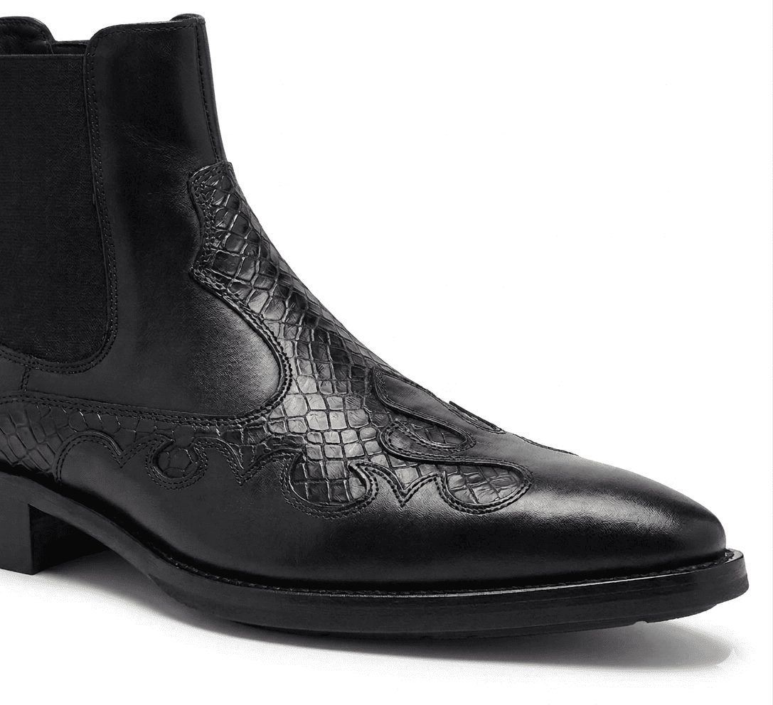 Macro close-up shot of the high-quality black leather focusing on the detailed floral embroidery and needlework.