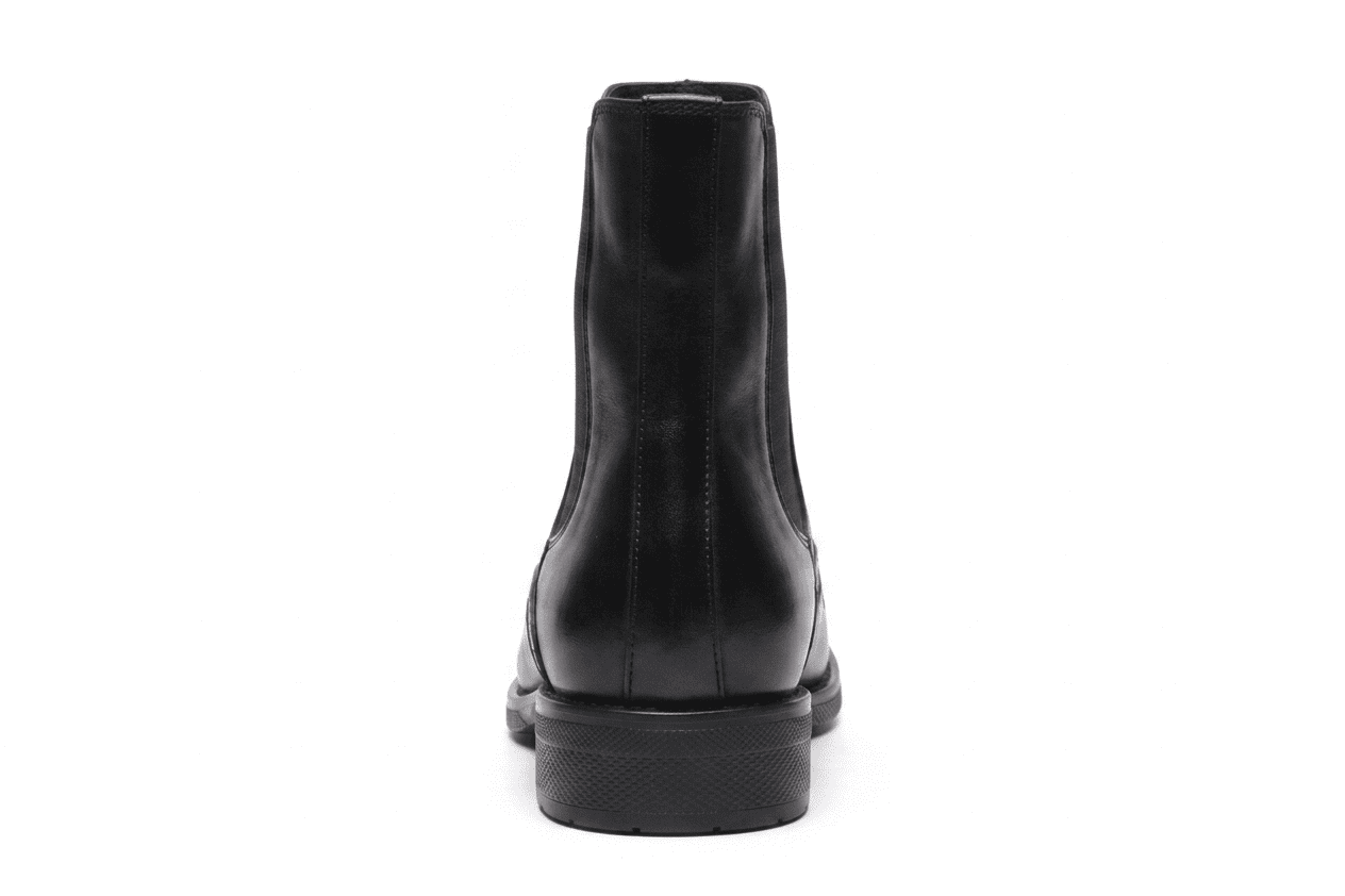 Rear view of the black leather boot showcasing the streamlined heel and vertical stitching.