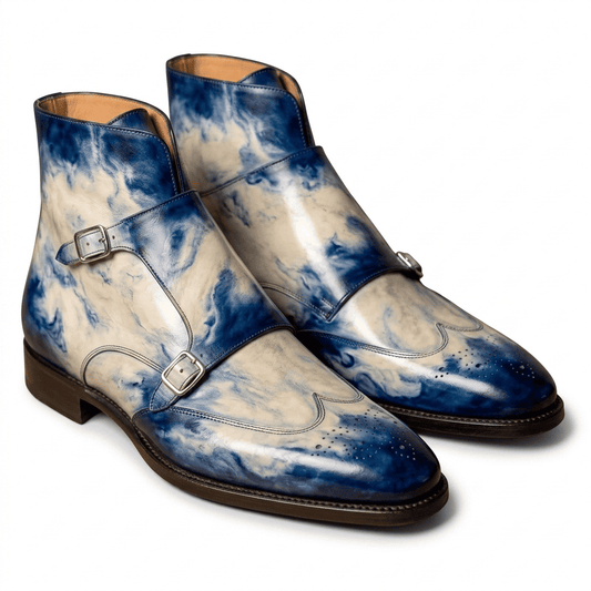 Blue and white patina leather ankle boots for men front view
