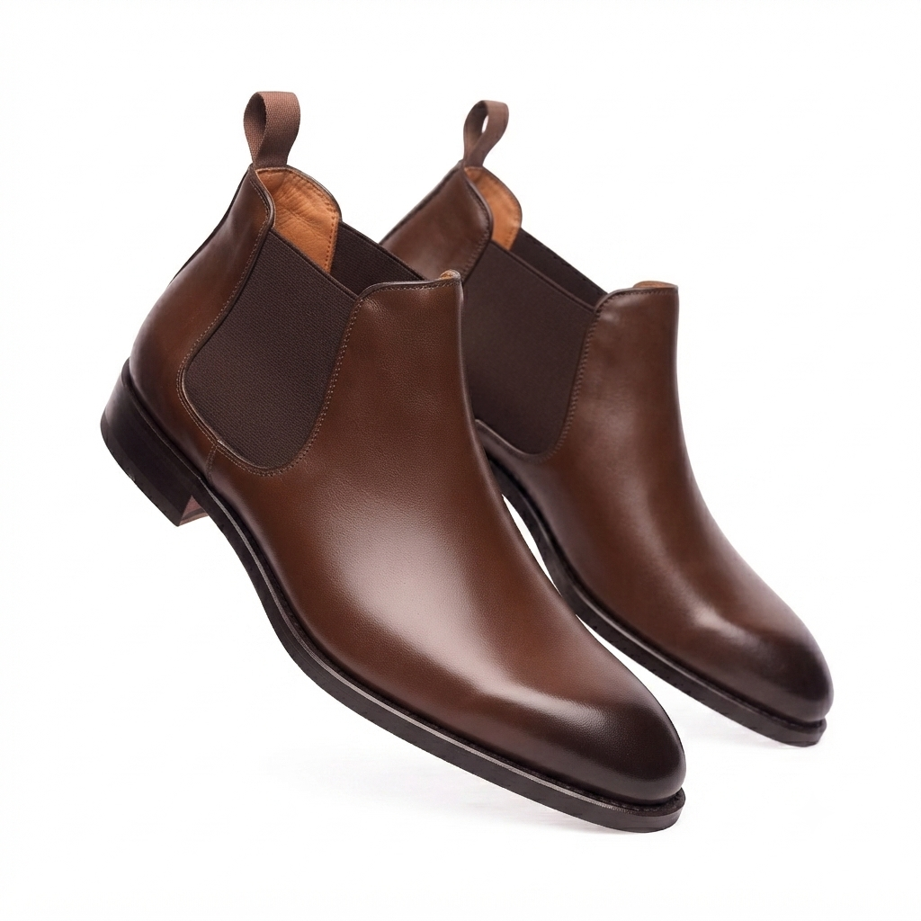 Angled view of handcrafted brown leather Chelsea boots for men highlighting the polished finish and timeless design.