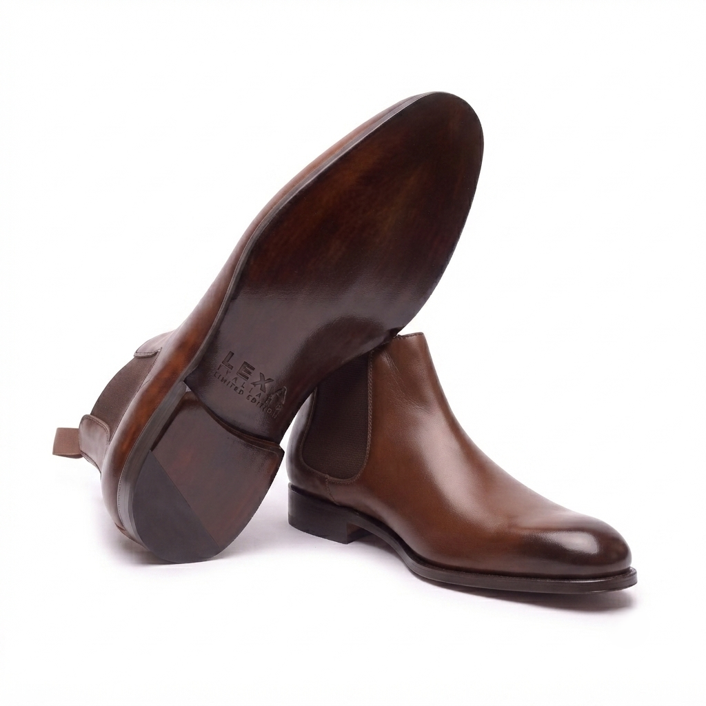 Angled bottom view of premium brown leather Chelsea boots for men displaying the durable sole and elegant profile.