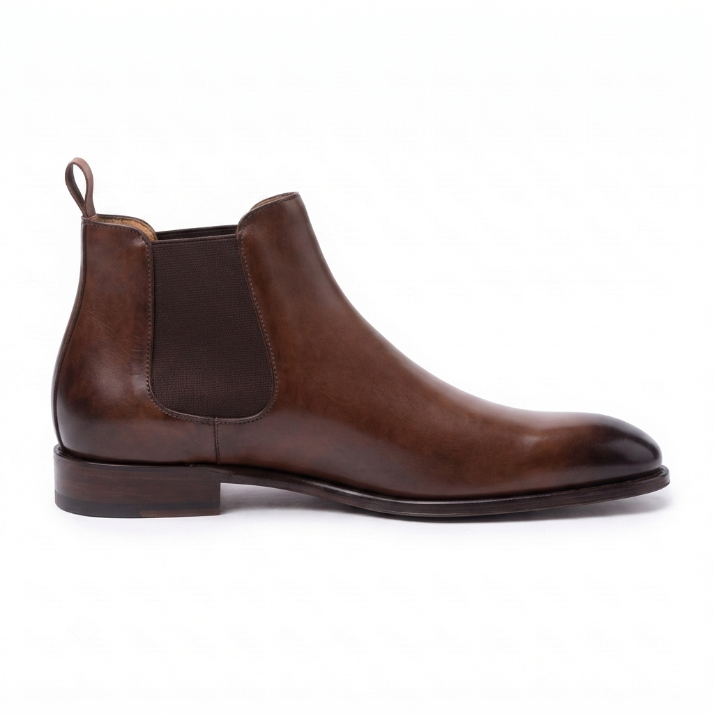 Left side view of premium brown leather Chelsea boots for men with a comfortable slip-on design.