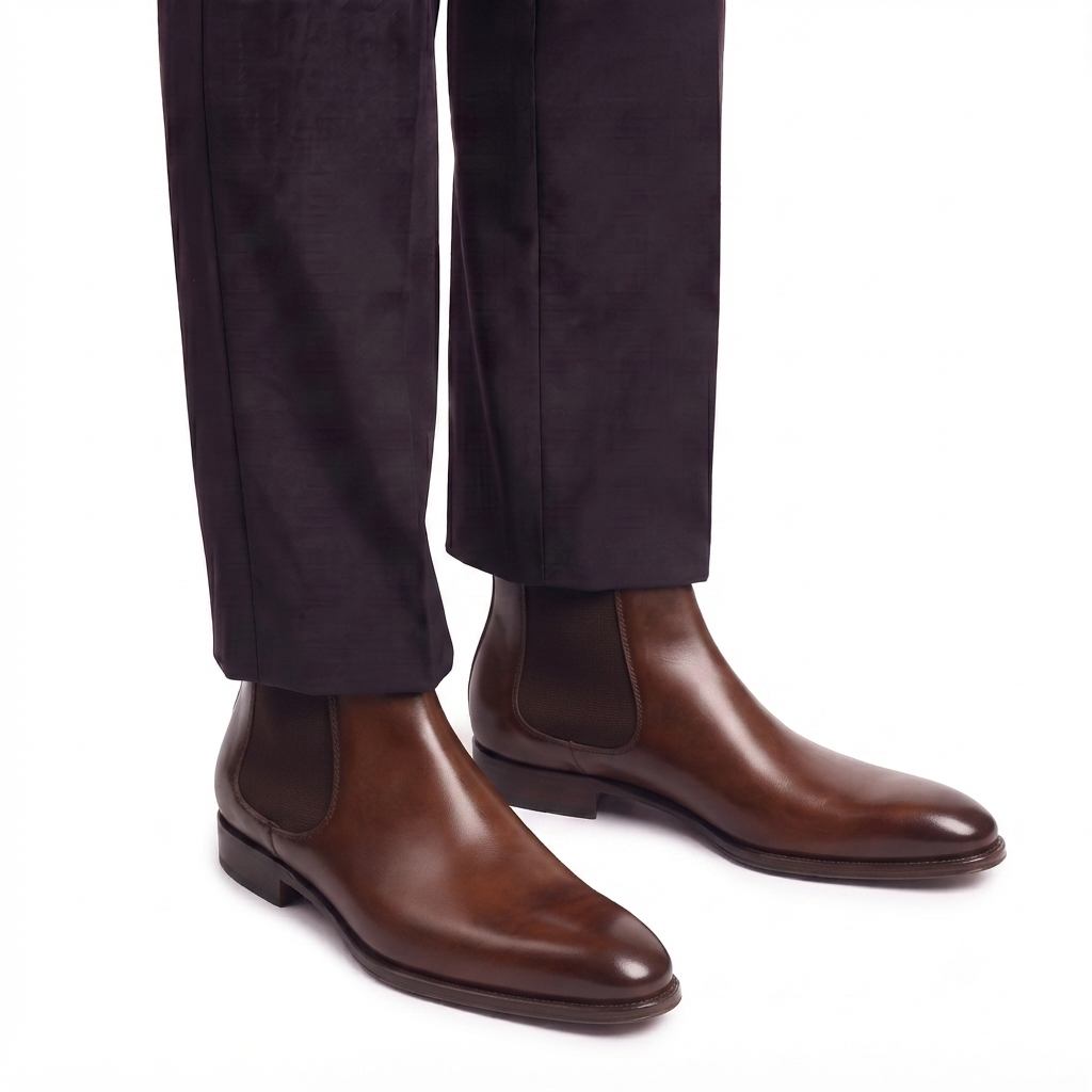 Men's brown leather Chelsea boots paired with formal trousers for a sophisticated smart-casual look.