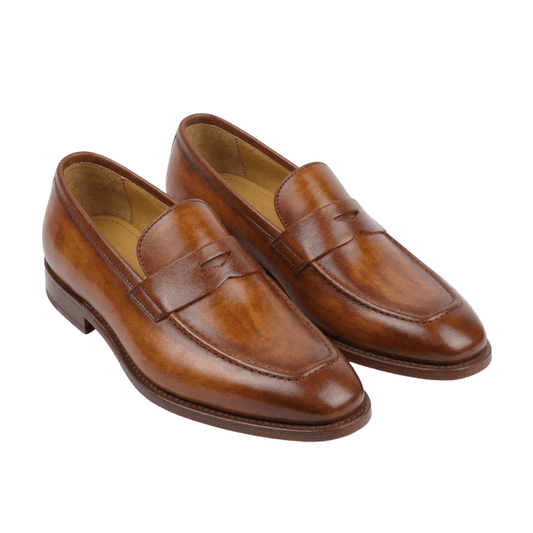Men’s brown leather formal loafers handcrafted luxury slip-on shoes with rich polished finish