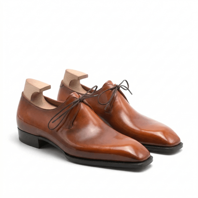 Brown patina derby shoes for men side angle view