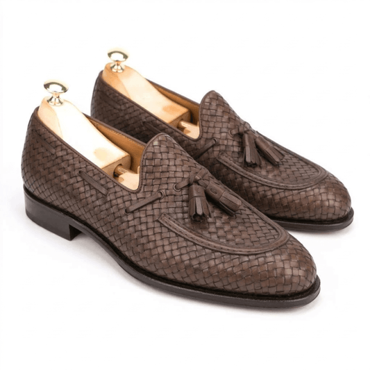 Premium brown woven leather tassel loafers for men with handcrafted braided texture