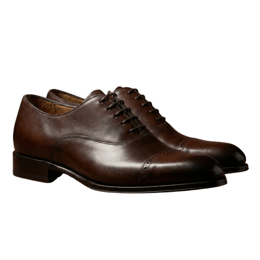 Dark brown wholecut oxford shoes premium leather front angled view