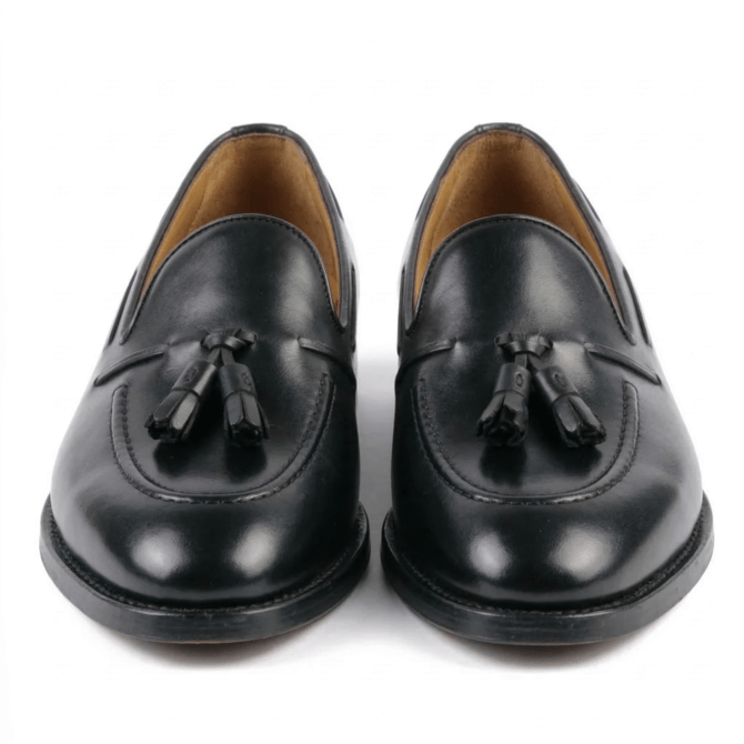 front view black leather loafers with tassel formal men shoes